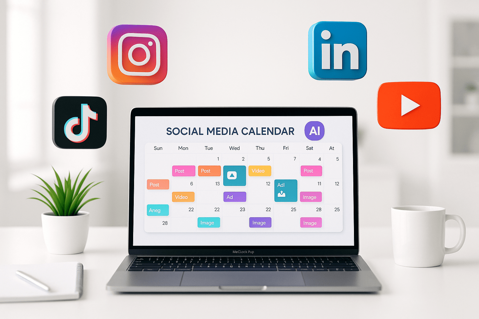 20251105_1425_AI Workspace & Social Media_simple_compose_01k9agqnxzff79zpk4e29065dy AI social media calendar generator interface showing organized posts and video ideas across platforms like Instagram and TikTok — modern workspace, creative planning with artificial intelligence.