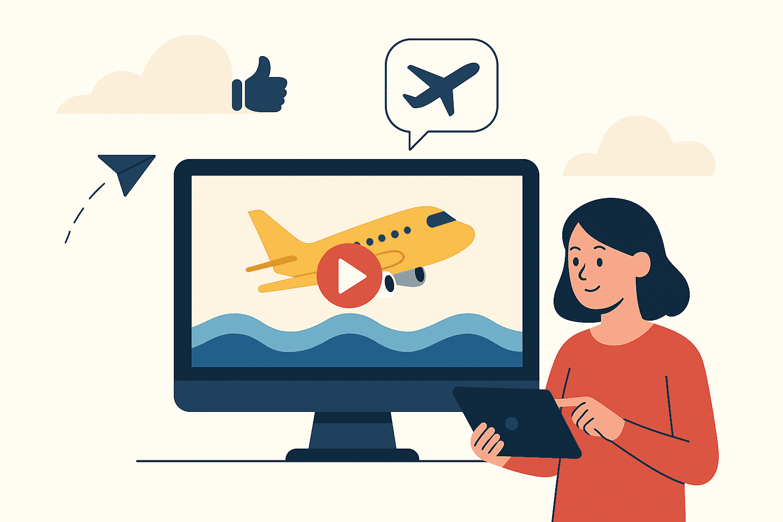 Flat digital illustration of a woman watching a promotional airplane video on a monitor, representing airline video automation