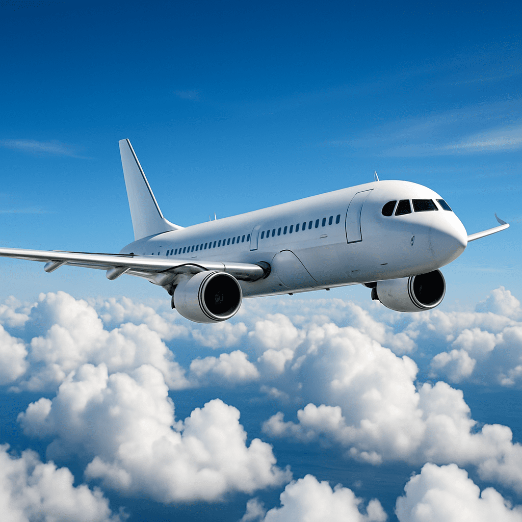 Commercial airplane flying in the sky, representing innovative airline marketing strategies through video automation