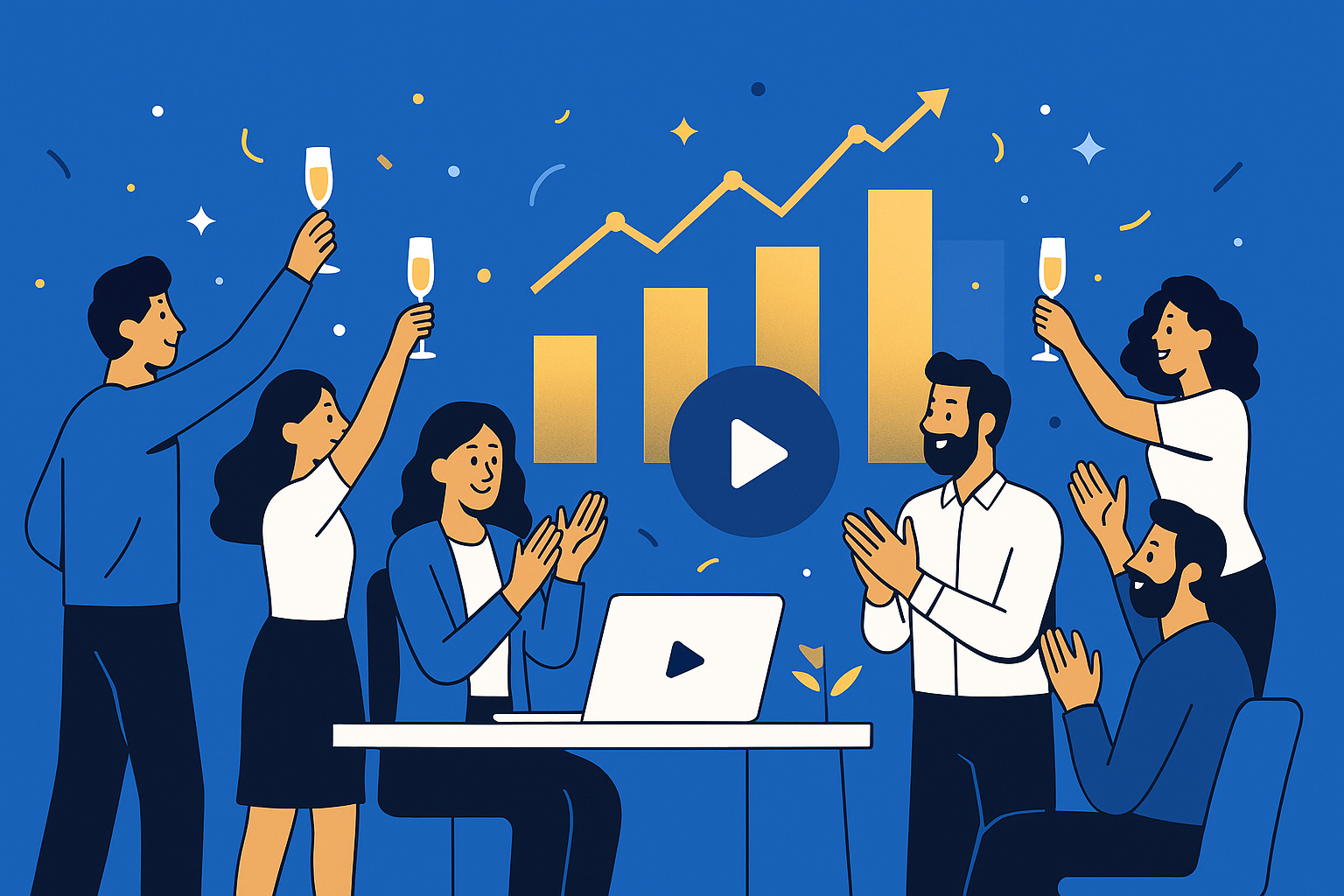 Flat design hero illustration showing a diverse business team celebrating achievements with abstract charts transforming into a video play icon, representing a 2025 year in review video