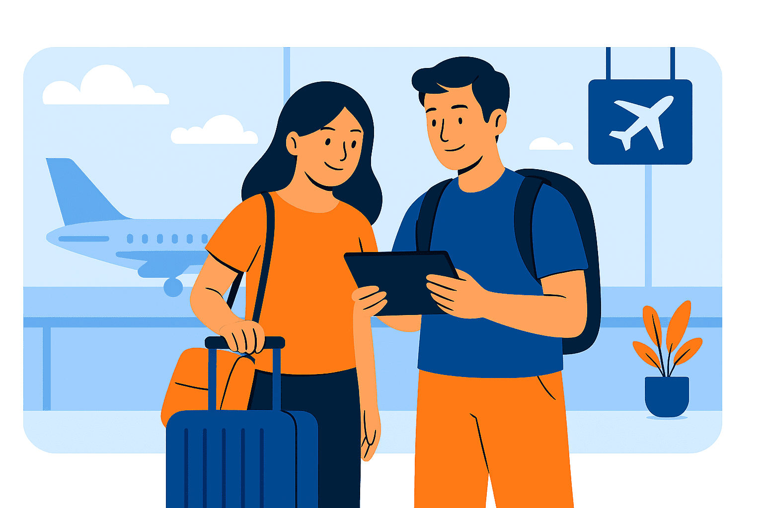 Young couple at the airport checking trip details on a tablet. Perfect for travel video content and marketing for travel and tourism campaigns.